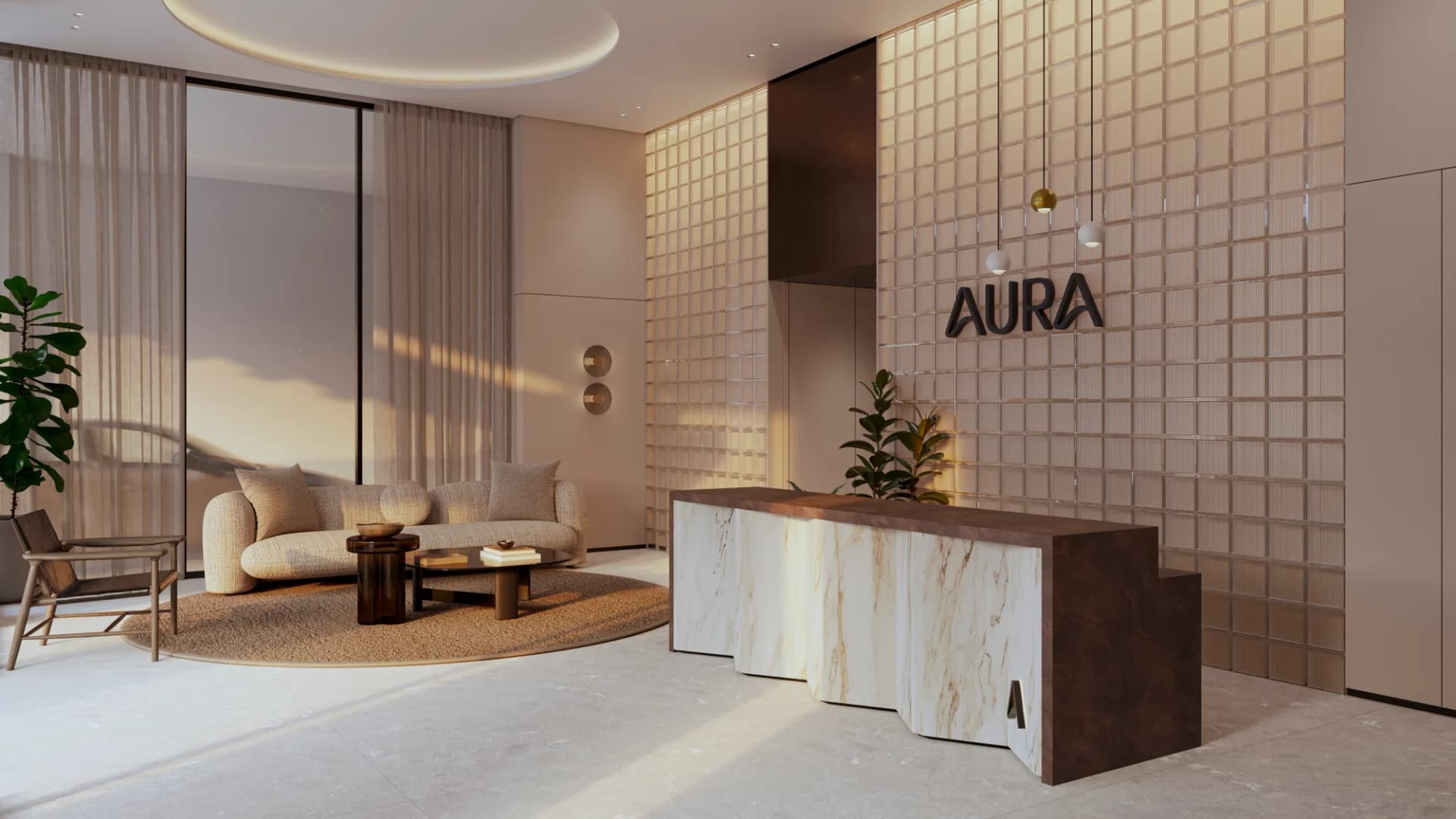 Vista lateral del lobby de AURA