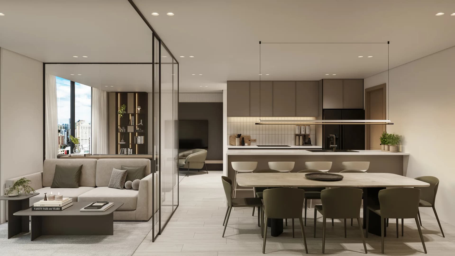 Sala, comedor y cocina de un apartamento modelo 120 m² en AURA