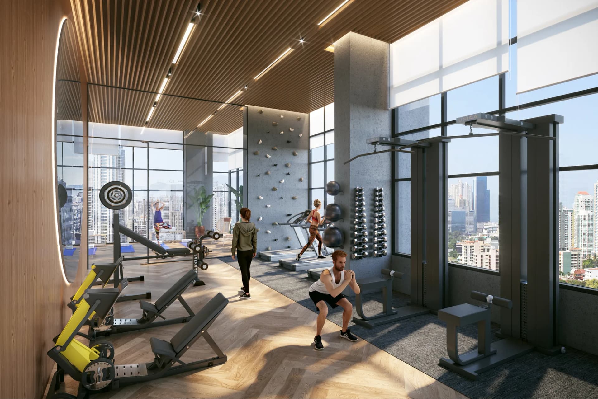 Gimnasio con muro de escalar y vista a la ciudad en DOVLE SELVA
