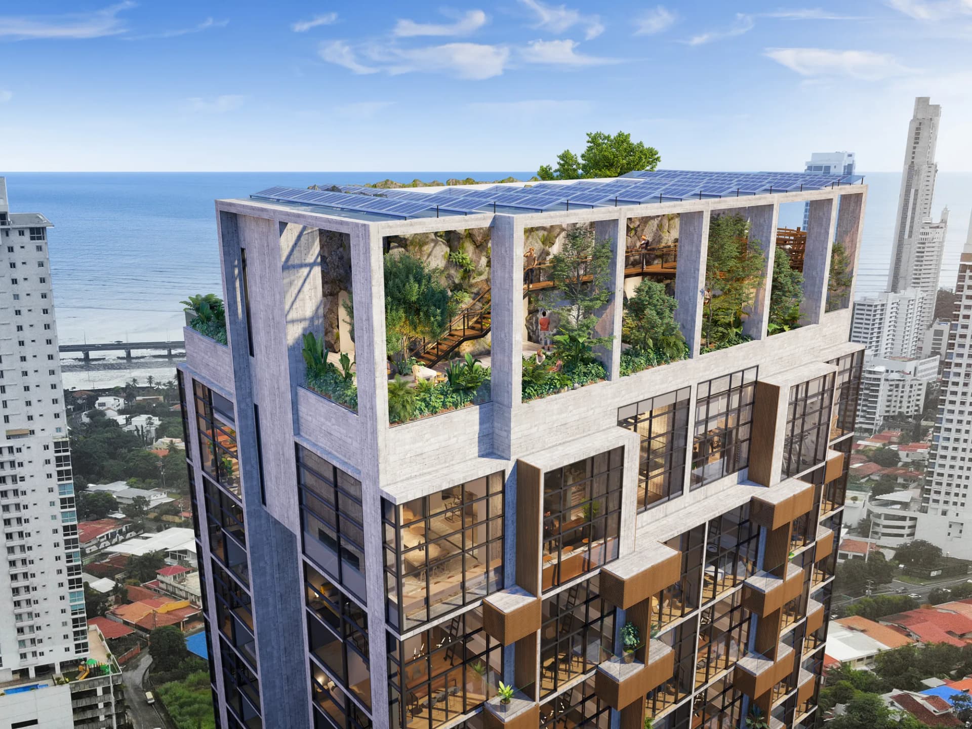 Vista aérea del proyecto DOVLE SELVA en Coco del Mar con el mar de fondo