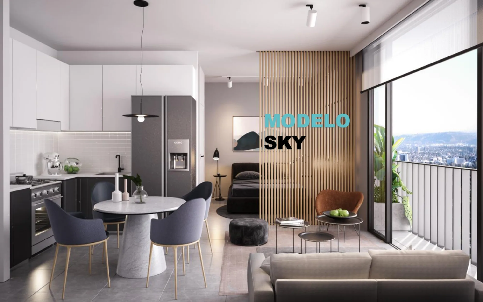 Sala, cocina y habitación del Modelo Sky en MORE