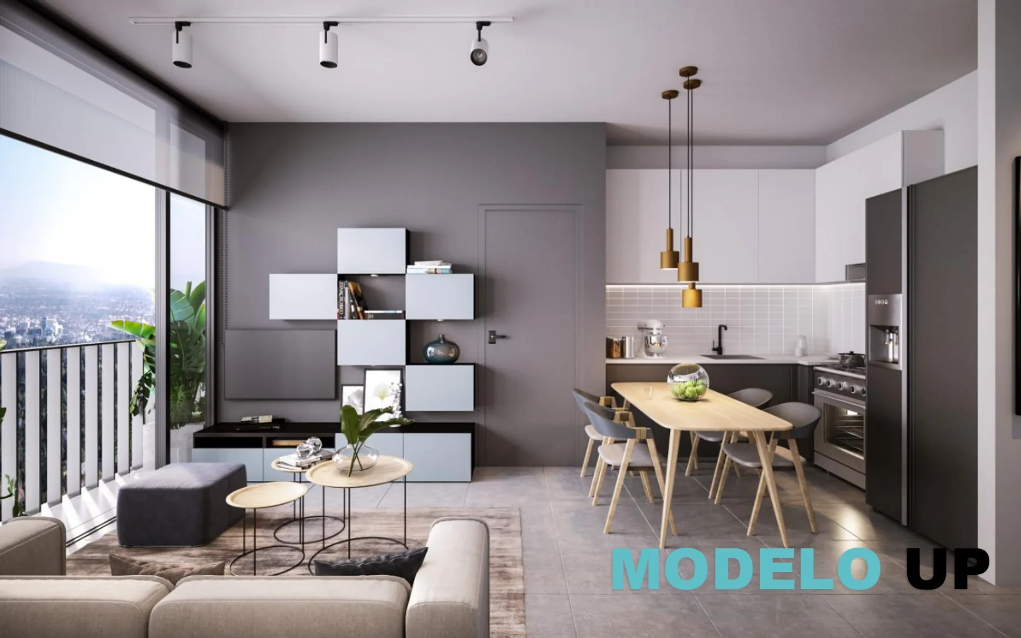 Sala, cocina y comedor del Modelo Up en MORE