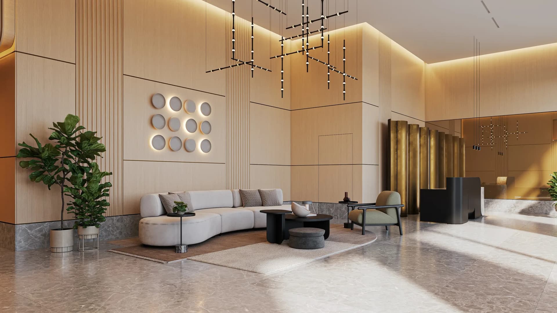 Lobby del proyecto NEXT con piso claro