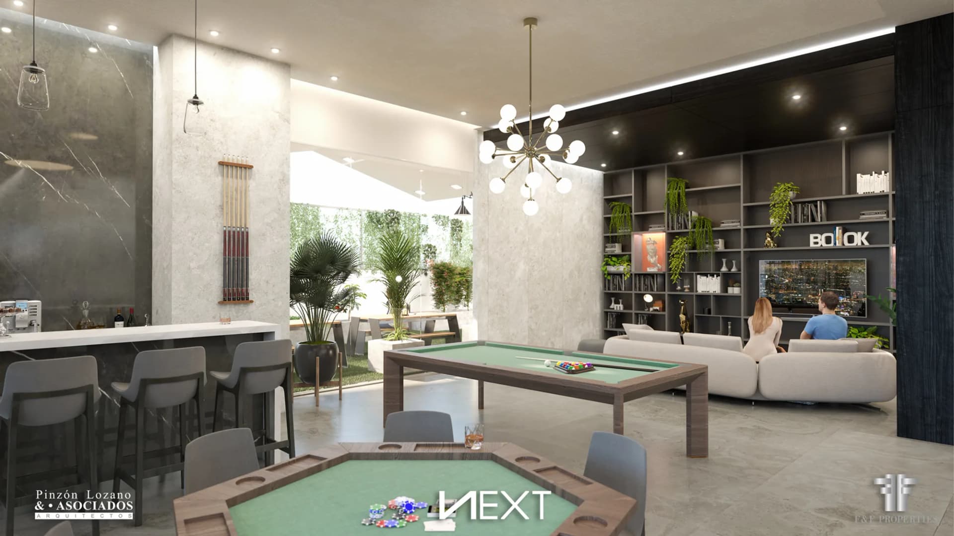 Sala de juegos con mesa de pool y poker en PH Next