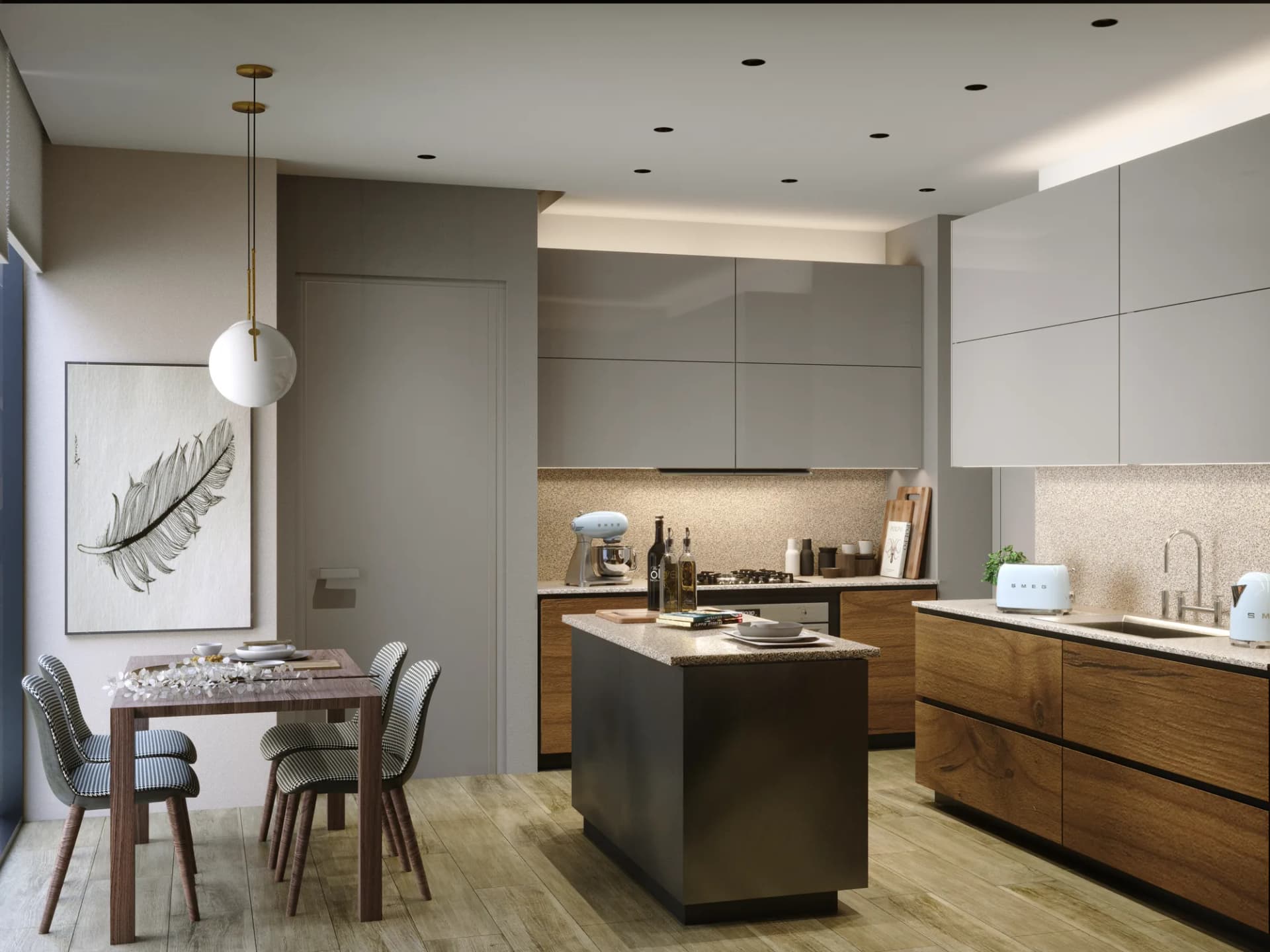 Cocina con isla de un apartamento en THE IVY