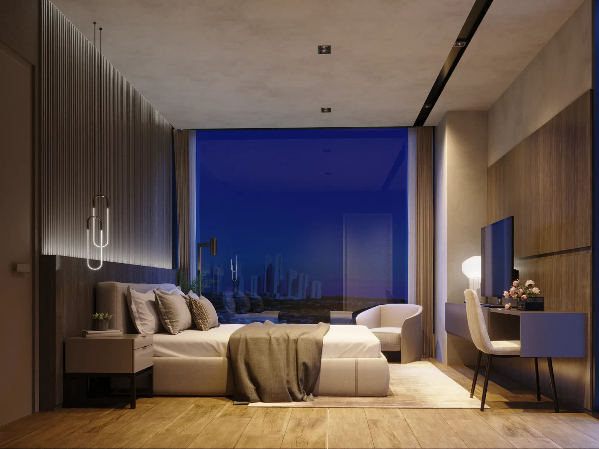 Habitación principal con vista nocturna a la ciudad en THE IVY